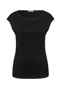 Haut noir ajusté pour femmes à manches courtes, col rond large et petite étiquette de marque au niveau du col.