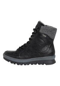 Black leather ankle boots with a grey felt collar, textured surface, sturdy lace-up design, and a rugged black rubber outsole.