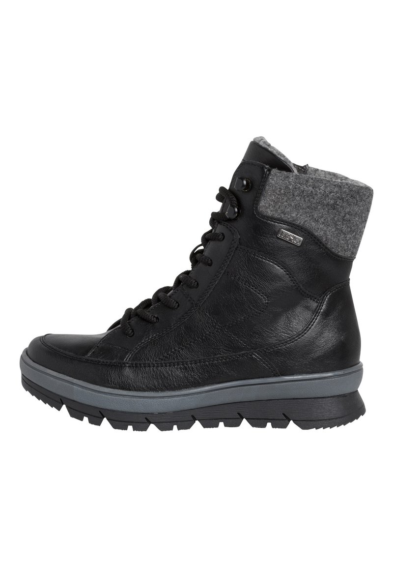 Black leather ankle boots with a grey felt collar, textured surface, sturdy lace-up design, and a rugged black rubber outsole.