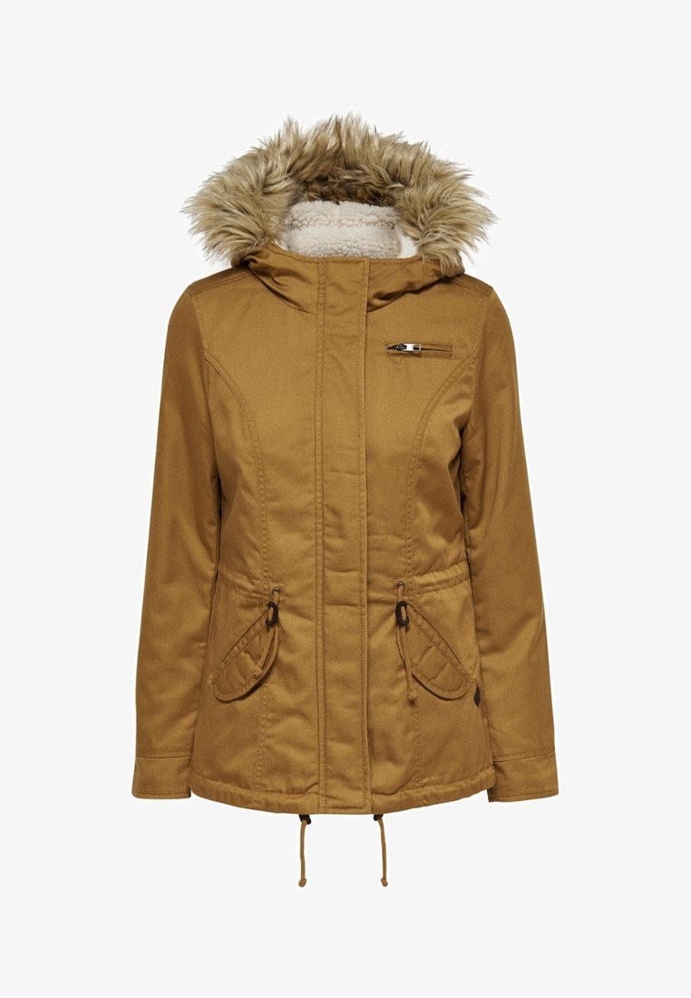 Manteau d'hiver marron pour femmes avec capuche bordée de fourrure, fermeture éclair avant dissimulée par un rabat, taille avec cordon de serrage et poches à rabat avec fermetures à pression.