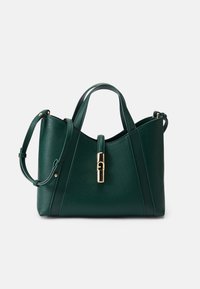 Sac à main en cuir vert avec une forme structurée, doté de poignées supérieures doubles, d'une bandoulière amovible et d'un détail de fermeture en ton doré.