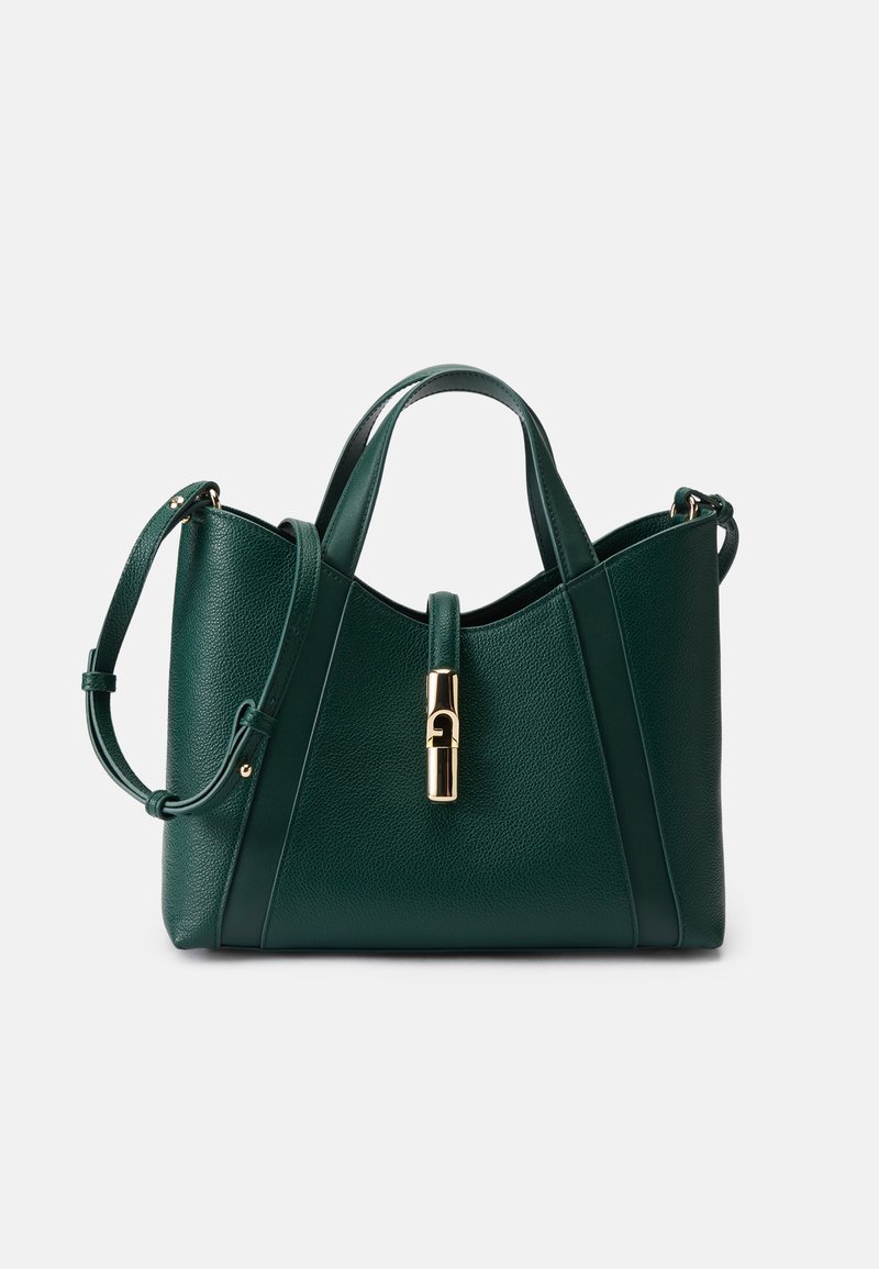 Sac à main en cuir vert avec une forme structurée, doté de poignées supérieures doubles, d'une bandoulière amovible et d'un détail de fermeture en ton doré.