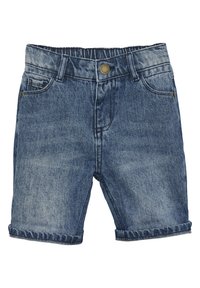 Mörkblå denimshorts med uppvikt nederkant, med en knappstängning och två framfickor. Texturerad tyg med synlig sömnad.