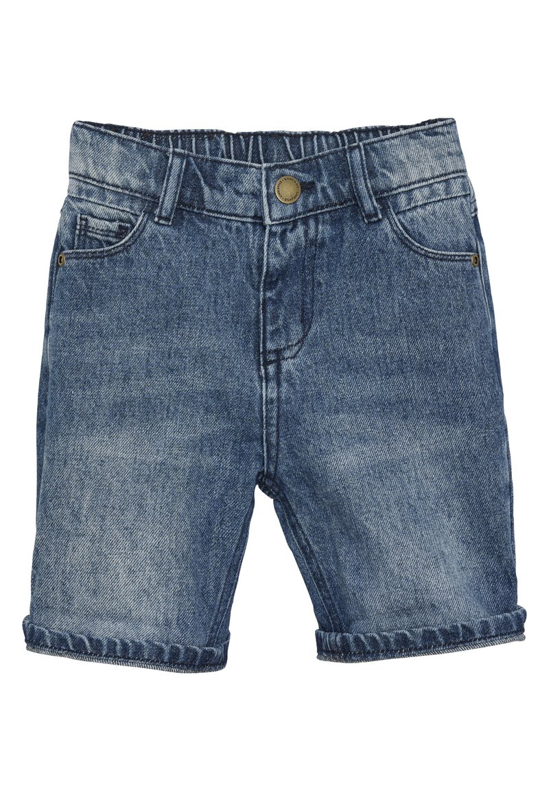 Mörkblå denimshorts med uppvikt nederkant, med en knappstängning och två framfickor. Texturerad tyg med synlig sömnad.
