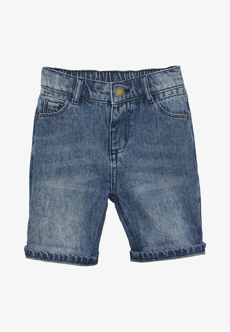 Mörkblå denimshorts med uppvikt nederkant, med en knappstängning och två framfickor. Texturerad tyg med synlig sömnad.