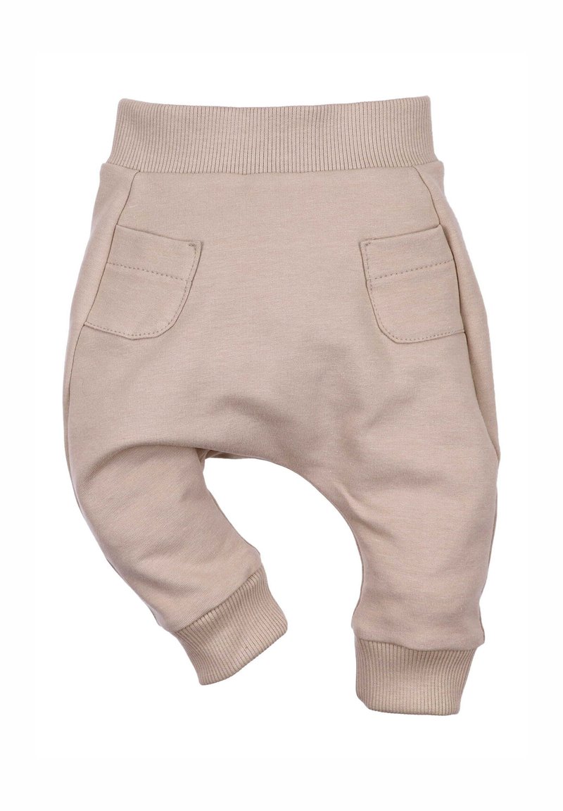 Beige katoenen joggerbroeken met een geribbelde tailleband en manchetten. Voorzien van twee gestikte zakken op de achterkant en een zachte, gestructureerde stof.