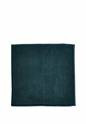 Alfombrilla de baño cuadrada de color verde oscuro con suaves bucles texturizados y un borde delgado sobre un fondo blanco.