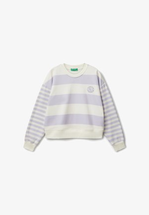 Bluza z okrągłym dekoltem w szerokie poziome pasy lawendowe i białe na korpusie oraz w wąskie pasy na rękawach, z małym okrągłym logo na piersi.