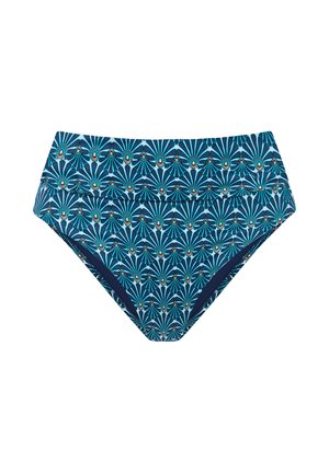 Niebieskie bikini z wysokim stanem z geometrycznym wzorem wachlarza w ciemnym niebieskim, jasnoniebieskim i beżowym, z ozdobnym zagiętym paskiem w talii.