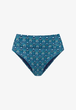 Niebieskie bikini z wysokim stanem z geometrycznym wzorem wachlarza w ciemnym niebieskim, jasnoniebieskim i beżowym, z ozdobnym zagiętym paskiem w talii.