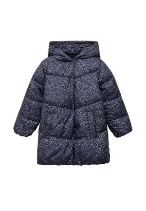 Manteau d'hiver matelassé bleu marine pour enfants avec capuche, présentant un motif floral blanc subtil et de petites dimensions, avec des manches longues.