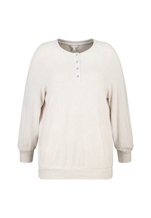 Crème-kleurige longsleeve trui met ronde halslijn en vier decoratieve knopen op de voorkant, met ribgebreide manchetten en zoom.