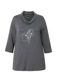 Top gris de manga larga con cuello estilo drapeado; presenta un diseño floral blanco en la parte delantera; hecho de una tela suave, con un corte relajado.