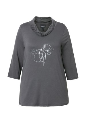 Top gris de manga larga con cuello estilo drapeado; presenta un diseño floral blanco en la parte delantera; hecho de una tela suave, con un corte relajado.