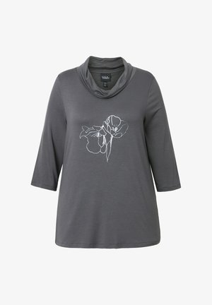 Top gris de manga larga con cuello estilo drapeado; presenta un diseño floral blanco en la parte delantera; hecho de una tela suave, con un corte relajado.