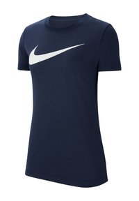 Námořnická modrá bavlněná tričko s kulatým výstřihem a krátkými rukávy, na přední straně s velkým bílým logem Nike swoosh.
