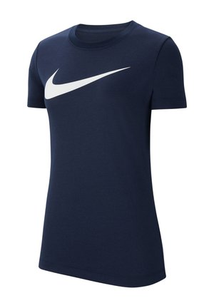 Navyblauw katoenen T-shirt met een ronde hals en korte mouwen, met een groot wit Nike swoosh-logo op de voorkant.