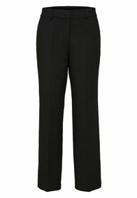 Pantalons noirs ajustés avec une coupe droite, des passants de ceinture et des poches avant ; tissu lisse avec une finition propre.