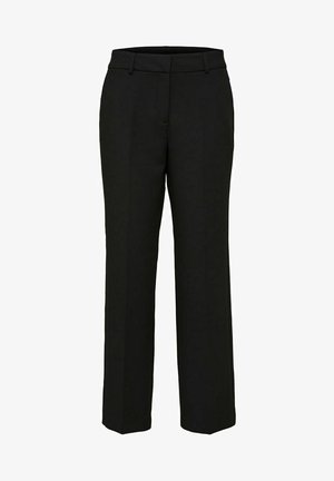 Pantalons noirs ajustés avec une coupe droite, des passants de ceinture et des poches avant ; tissu lisse avec une finition propre.