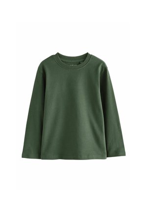 Enkelt mørkegrønt langærmet crew neck-shirt med en lige kant, vist på en hvid baggrund.