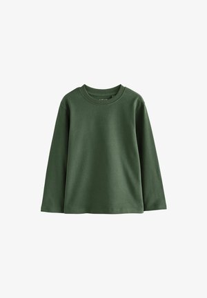 Prosty ciemnozielony jednolity longsleeve z okrągłym dekoltem i prostym dołem, przedstawiony na białym tle.