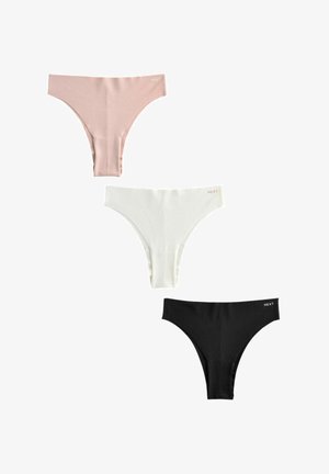 Drei Paare Damen-Thongs in pastellrosa, weiß und schwarz. Hergestellt aus weichem Stoff, mit glatter Textur und subtiler Markenkennzeichnung.