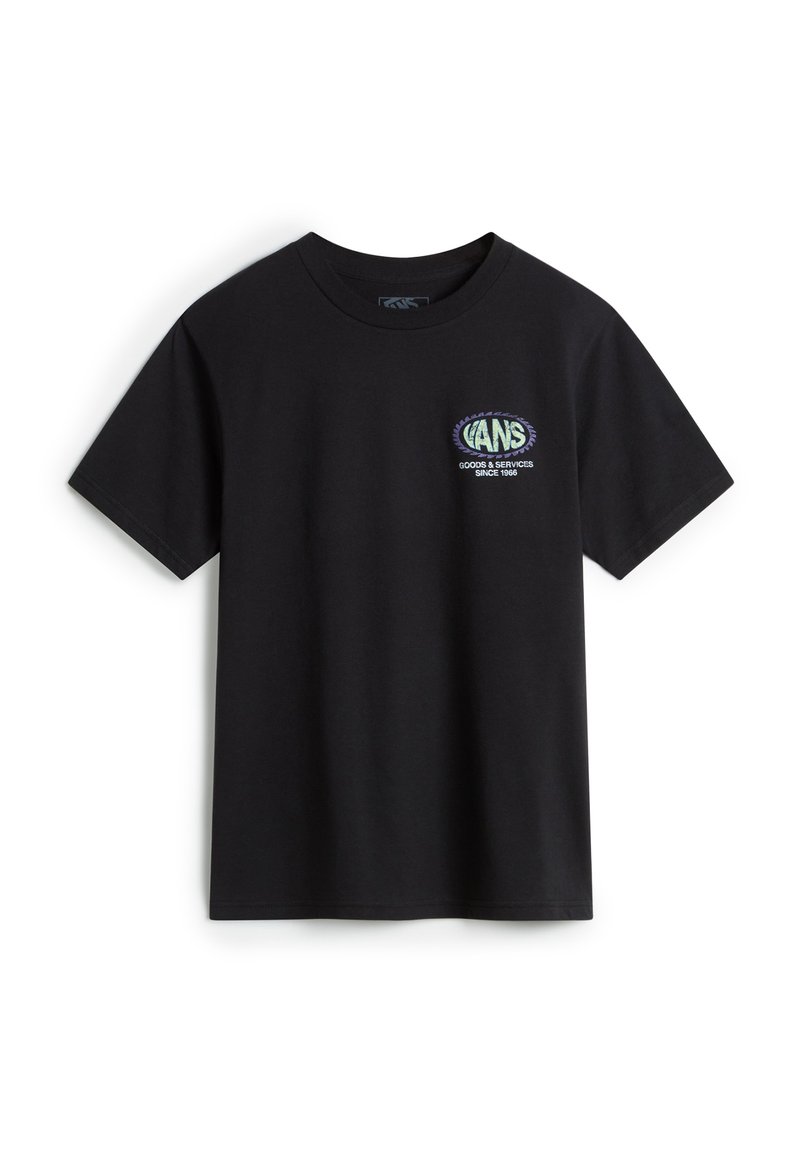 Svart bomullströja med rundad halsringning, korta ärmar och en bröstgrafik med "VANS" och "GOODS & SERVICES SINCE 1996."
