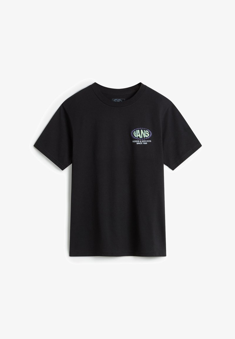 Černé bavlněné tričko s kulatým výstřihem, krátkými rukávy a grafickým potiskem na hrudi s textem "VANS" a "GOODS & SERVICES SINCE 1996."