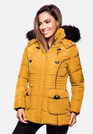 Yellow padded jacket with a fur-lined hood, front zip, side pockets, and black accents. Textured fabric with horizontal and vertical stitching.