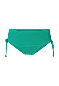 Bikini bottom a vita alta, color turchese, realizzato in tessuto testurizzato con lacci laterali e dettagli dorati. Design semplice e funzionale.