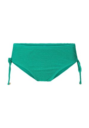 Bikini bottom a vita alta, color turchese, realizzato in tessuto testurizzato con lacci laterali e dettagli dorati. Design semplice e funzionale.