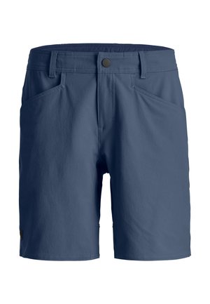 Navy blue men's casual shorts with belt loops, front button, zipper closure, and angled front pockets.