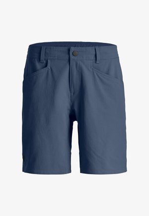 Navy blue men's casual shorts with belt loops, front button, zipper closure, and angled front pockets.
