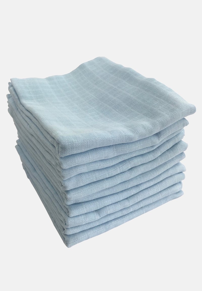 Stapel aus hellblauen Baumwollstoffen mit einem strukturierten Gittermuster, ordentlich angeordnet mit einer weichen und atmungsaktiven Oberfläche.