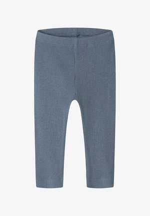 Blå ribstrikkede leggings til spædbørn med elastik i taljen og smalle lige ben.