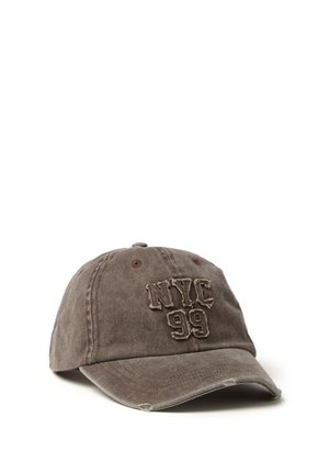 Brown distressed baseball cap with embroidered "NYC 99" on front, displayed against a white background.