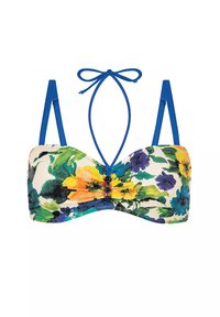 Bikini górna część bandeau w kwiatowy wzór w kolorach żółtym, niebieskim i zielonym. Posiada niebieskie wiązane ramiączka oraz zebrane centrum ozdobione koralikami.