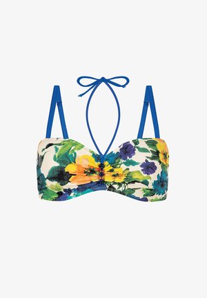 Bikini górna część bandeau w kwiatowy wzór w kolorach żółtym, niebieskim i zielonym. Posiada niebieskie wiązane ramiączka oraz zebrane centrum ozdobione koralikami.