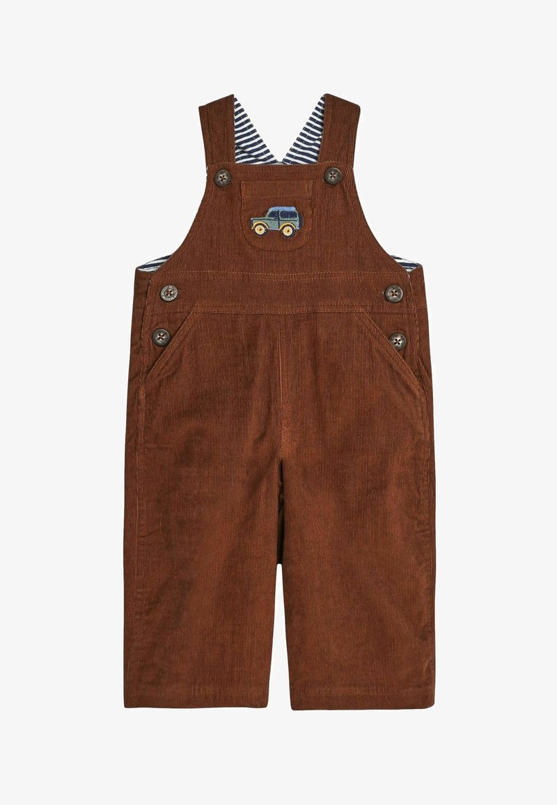 Brown corduroy overalls featuring a front pocket with a yellow and blue car embroidery, adjustable straps, and a striped lining.