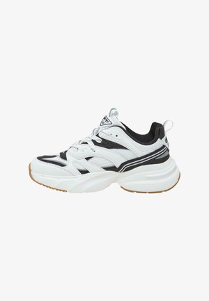 White and black sneaker with mesh and synthetic upper, padded collar, textured outsole, lace-up design, and a prominent logo.