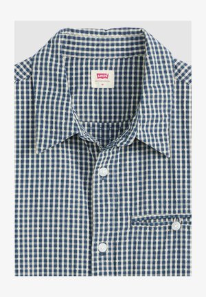 Camisa de cuadro azul y blanco, con botones y un cuello, que cuenta con un bolsillo en el pecho y una textura de tela suave. Los botones blancos acentúan la parte delantera.