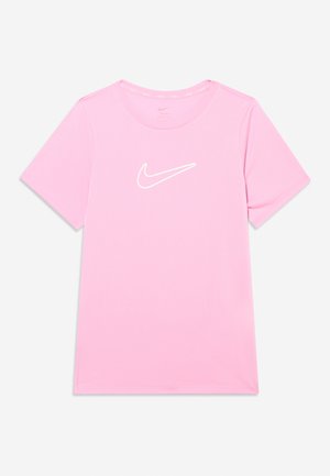 T-shirt rosa a maniche corte con logo Nike bianco centrato sul petto, mostrata su sfondo bianco.