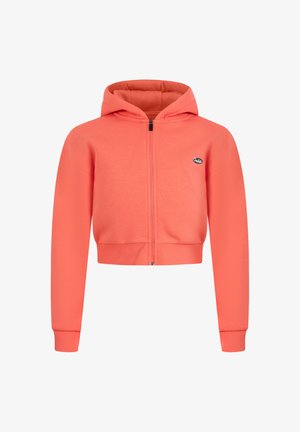 Sudadera con cremallera de color coral, con capucha, diseño corto, puños y dobladillo acanalados, y un pequeño logo en el lado izquierdo del pecho. Textura de tela suave.