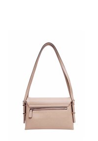 Borsa a tracolla in pelle beige con tasca anteriore con zip, design sottile, manico superiore arrotondato e dettaglio di cucitura sottile. Texture liscia.