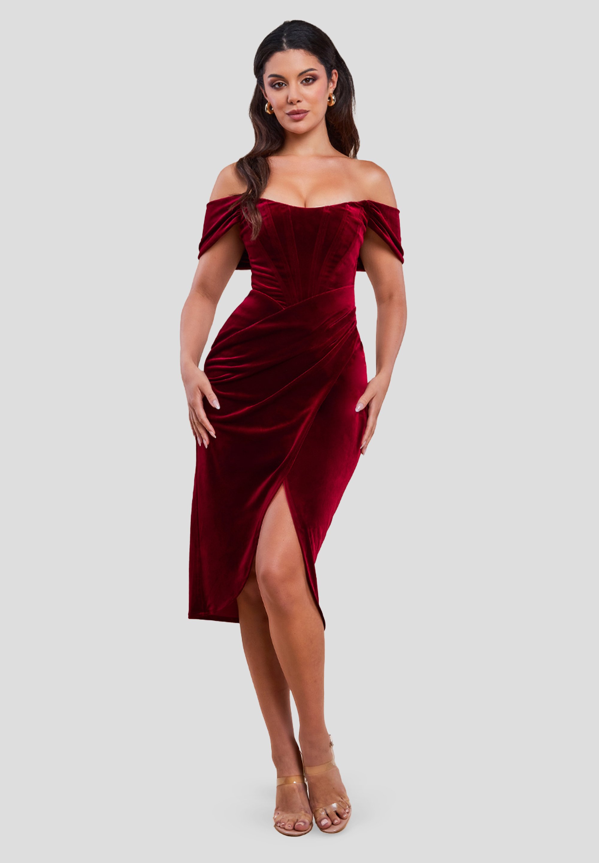 Midi Vestito Bordeaux Elegante Goddiva DRAPED SHOULDER MIDI