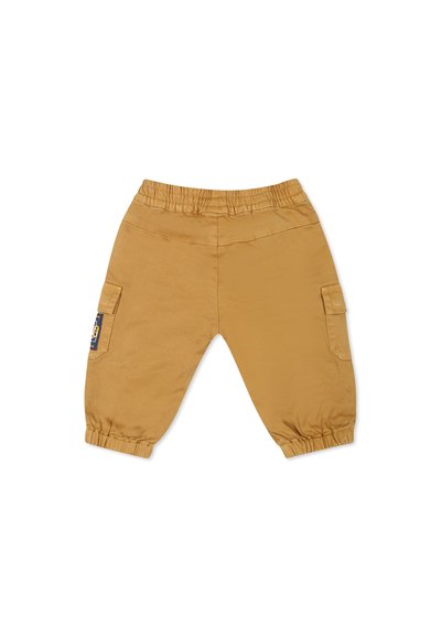 Cargo-Hosen in Senfgelb, aus weichem Stoff, mit einem elastischen Bund, zwei Seitentaschen und elastischen Bündchen an den Knöcheln.