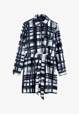 Rochie cămașă cu mâneci lungi, model în carouri alb-negru, cu nasturi în față, buzunar la piept, guler și curea din același material la talie.