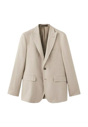 Beige single-breasted men's blazer with notch lapels, two front flap pockets, one chest pocket, and one visible button, displayed on white background.