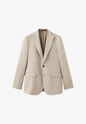 Beige yksirivinen miesten bleiseri lovikauluksilla, kahdella etutaskulla, yhdellä rintataskulla ja yhdellä näkyvällä napilla, valkoisella taustalla esitettynä.