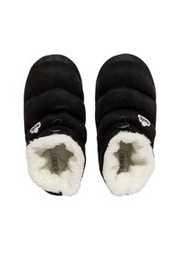 Zapatillas negras, suaves y acolchadas con un forro de piel blanca esponjosa. Presentan una forma redondeada y un pequeño lazo en la parte superior para un manejo fácil.